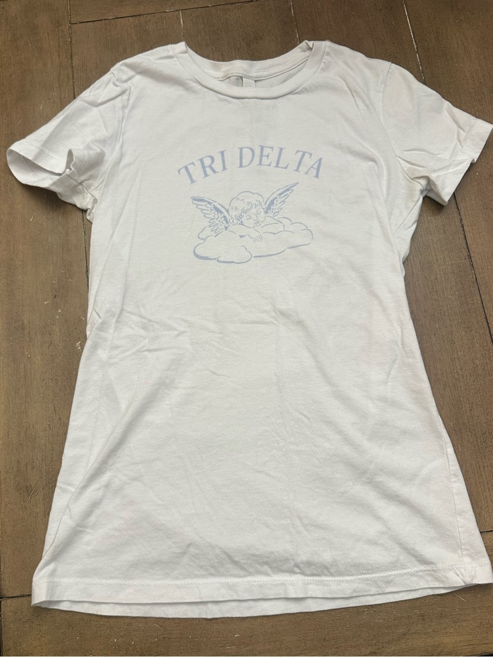 White Tri Delta Graphic Tee with Light Blue Angel Print